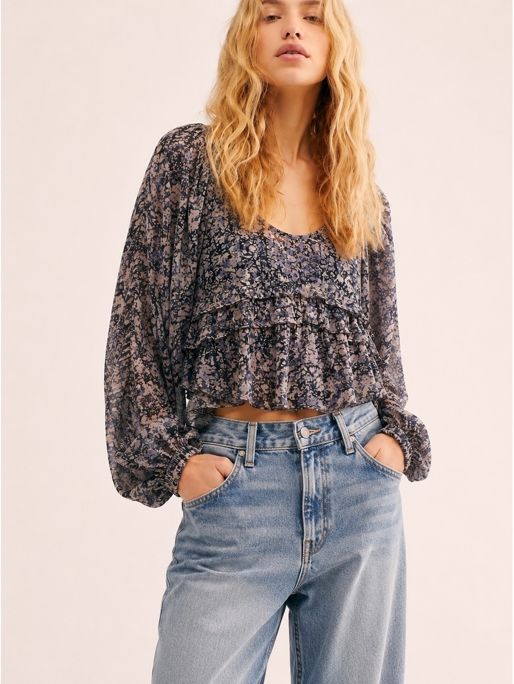 Abercrombie & Fitch Floral Ruffle Crop Blouse Sheer Balloon Sleeve Top Size S